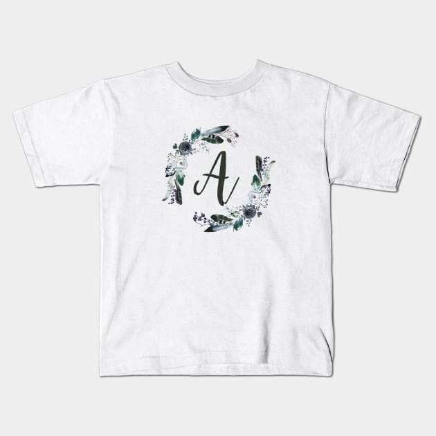Floral Monogram A Dark Bohemian Flora Kids T-Shirt by floralmonogram